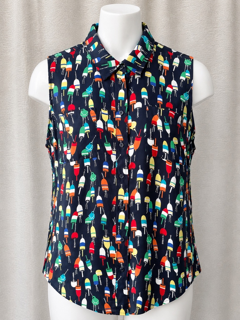 Talbots Petite LP Sleeveless Buoy Print Blouse Nautical Coastal Preppy Top
